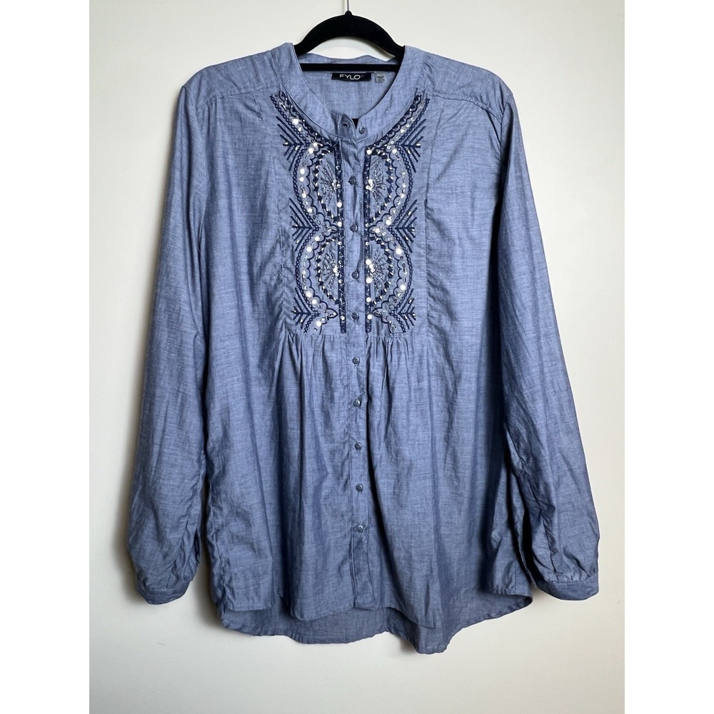 Cottagecore Beaded Cotton Blouse Women XL Embroidered Tunic Boho Breathable